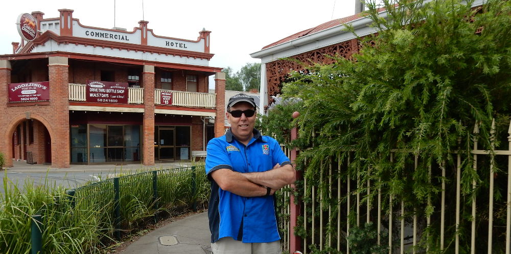 John from John's Cabinets in front of Commercial Hotel, Tatura